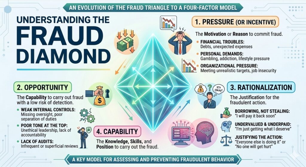 Fraud Diamond model adding capability to pressure, opportunity, and rationalization in employee fraud and embezzlement
