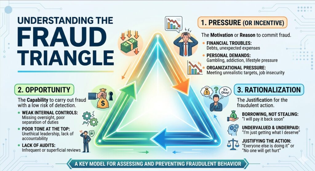 Fraud Triangle showing pressure, opportunity, and rationalization as causes of employee embezzlement in small businesses